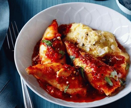 Foto punjene lignje od škampa sa polentom